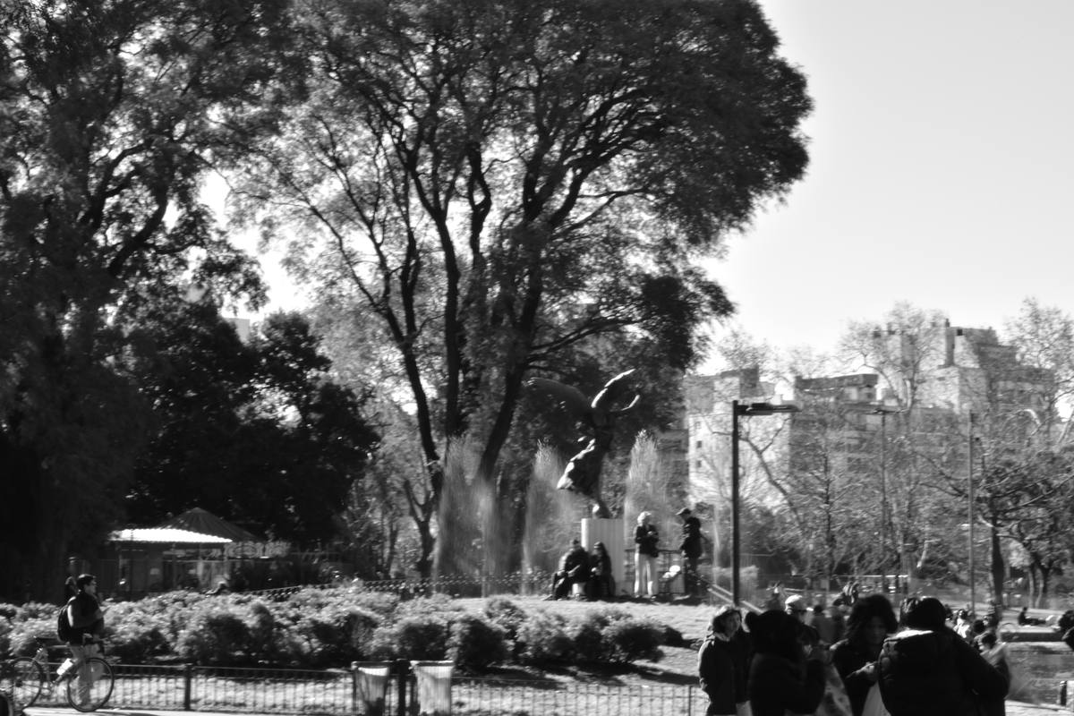 Parque con fuentes, en blanco y negro